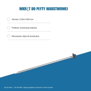 Wkręt do płyty warstwowej Info-GLOBAL AR6 W CSG 5,5/6,3×200 mm, kolory RAL, 100 szt.